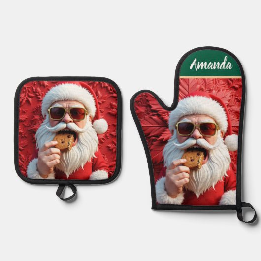 Cooler Weihnachtsmann Ofenhandschuh & Topflappen-Set (Vorderseite)
