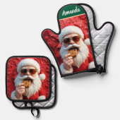 Cooler Weihnachtsmann Ofenhandschuh & Topflappen-Set (Vorderseite/Rückseite)