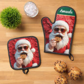 Cooler Weihnachtsmann Ofenhandschuh & Topflappen-Set (Oben Unten)