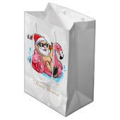 Cooler Weihnachtsmann, rosa Flamingos, Beach Bokeh Mittlere Geschenktüte (Vorderseite Schrägansicht)