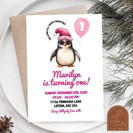 Cooler Winter Pink Pinguin Erstes Geburtstagskind Einladung