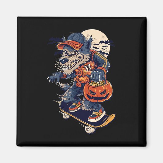 Cooler Wolf beim Skateboardfahren mit einem Hallow Magnet (Vorne)
