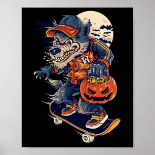 Cooler Wolf beim Skateboarding mit einem Halloween Poster