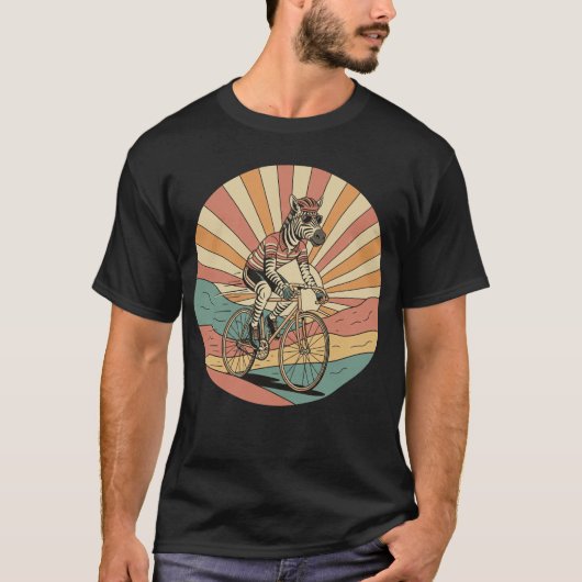 Cooler Zebra-Radfahrer - Retro Sonnenuntergang T-Shirt (Vorderseite)