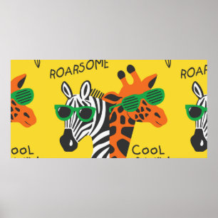 Cooler Zebra und Giraffe mit Brille auf gelb b Poster