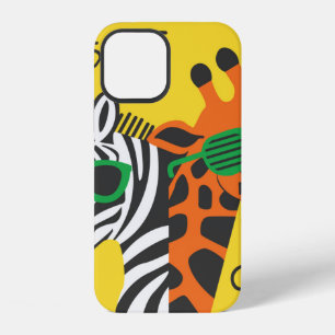 Cooler Zebra und Giraffe mit Brille auf gelbem Hin iPhone 12 Hülle