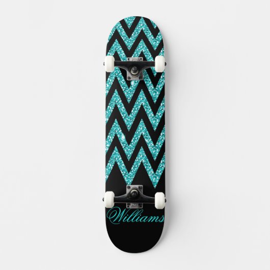 Cooler Zickzack Zickzackpfauenblauer Imitat Glitze Skateboard (Vorderseite)