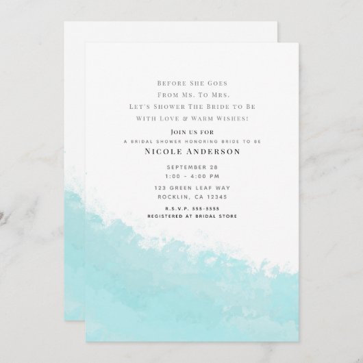 Cooles Aqua Blue Wave Splash Beach Brautparty Einladung (Vorne/Hinten)