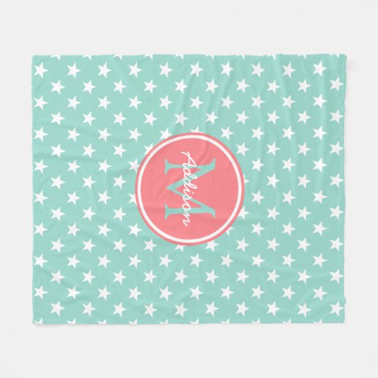 Cooles Aqua und korallenrotes Rosa-Stern-Monogramm Fleecedecke (Vorderseite (Horizontal))