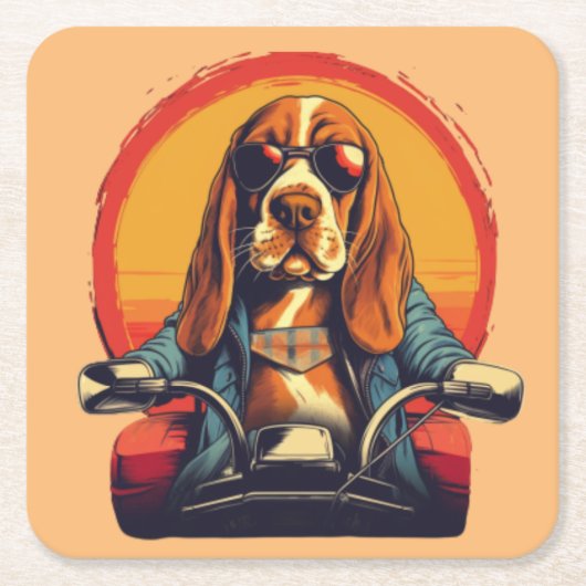 Cooles Basset-Hundbiker bei Sonnenuntergang Rechteckiger Pappuntersetzer (Vorderseite)