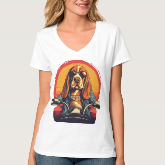 Cooles Basset-Hundbiker bei Sonnenuntergang T-Shirt (Vorderseite)