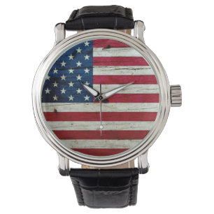 Cooles beunruhigtes amerikanische Flaggen-Holz Armbanduhr