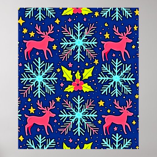Cooles Blaues Weihnachts-Rentier-Musterdesign Poster (Vorne)