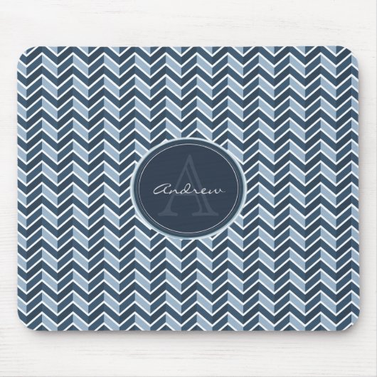Cooles blaues Zickzack Muster-Monogramm Mousepad (Vorne)
