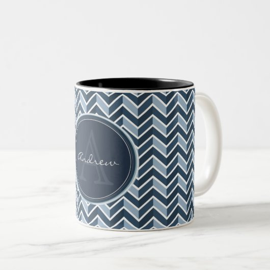 Cooles blaues Zickzack Muster Monogramm Zweifarbige Tasse (VorderseiteRechts)