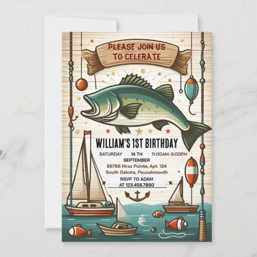 cooles Boot niedlicher Junge Fischen am 1. Geburts Einladung (Vorderseite)