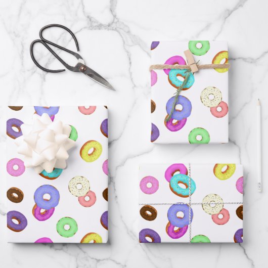 Cooles, buntes Donuts-Muster weiß Geschenkpapier Set (Vorderseite)
