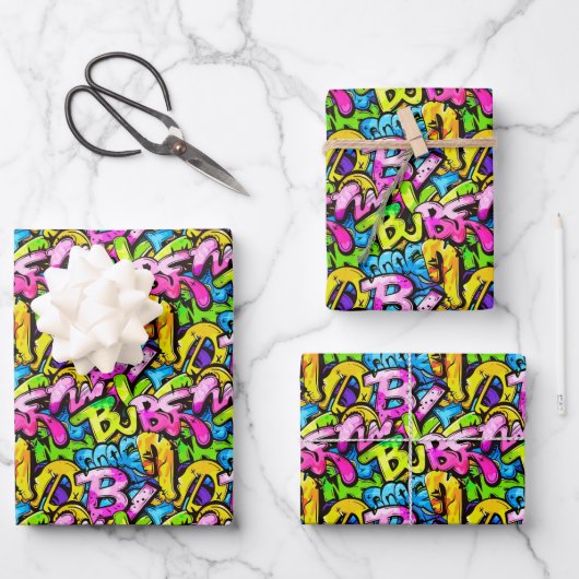 Cooles Comic-Graffiti-Kachel-Muster Geschenkpapier Set (Vorderseite)