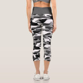 Cooles dunkelgraues Schwarz-Weiß-Camouflage-Muster Capri Leggings (Rückseite)