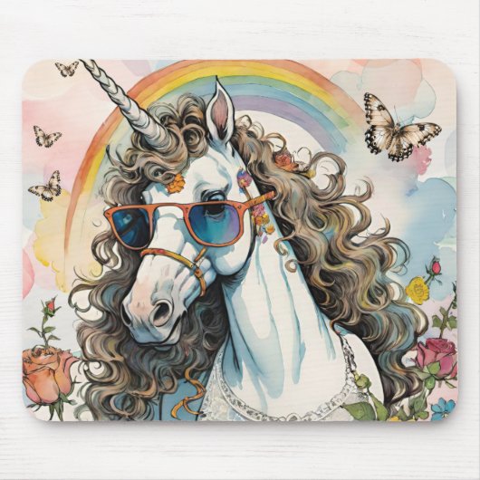 Cooles Einhorn in Sonnenbrille mit Regenbogen Mousepad (Vorne)