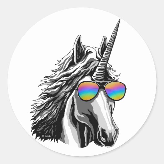 Cooles Einhorn mit Regenbogensonnenbrille Runder Aufkleber (Vorderseite)