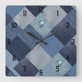 Cooles einzigartiges Patchwork Denim Vintag Quadratische Wanduhr