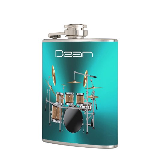 Cooles Felsen-Trommel-Set auf metallischer blauer Flachmann (Links)