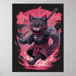 Cooles Feuer und Rauchschwarz Ninja Katzenkrieger Poster