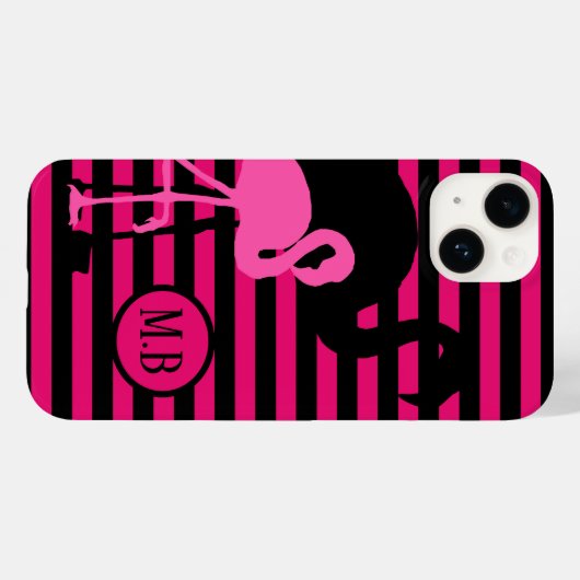 Cooles Flamingo Schwarz/Rosa Streifen Monogramm Case-Mate iPhone Hülle (Rückseite (Horizontal))