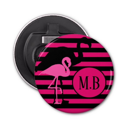 Cooles Flamingo Schwarz/Rosa Streifen Monogramm Flaschenöffner (Vorderseite)
