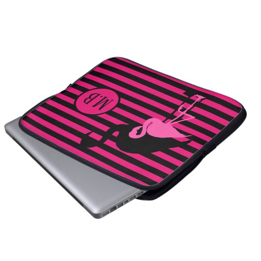 Cooles Flamingo Schwarz/Rosa Streifen Monogramm Laptopschutzhülle (Vorne Knopf)