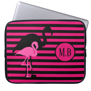 Cooles Flamingo Schwarz/Rosa Streifen Monogramm Laptopschutzhülle