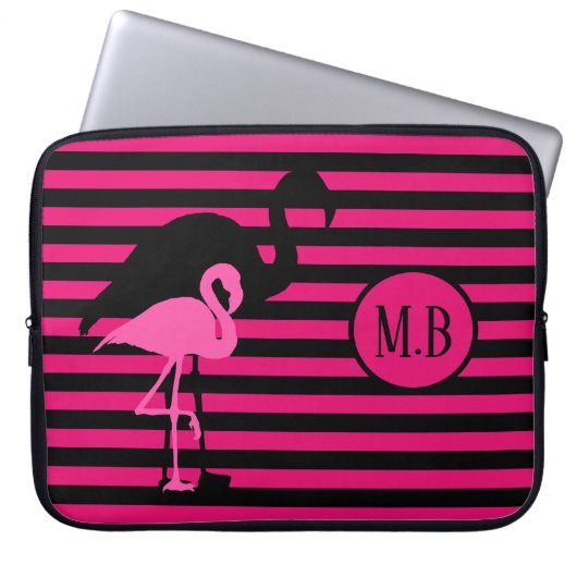Cooles Flamingo Schwarz/Rosa Streifen Monogramm Laptopschutzhülle (Vorderseite)
