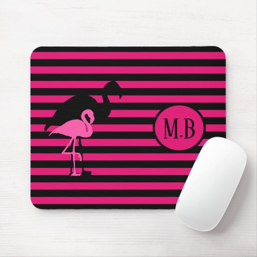 Cooles Flamingo Schwarz/Rosa Streifen Monogramm Mousepad (Mit Mouse)