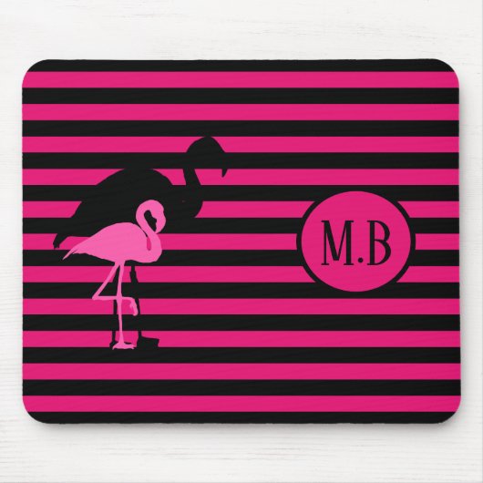 Cooles Flamingo Schwarz/Rosa Streifen Monogramm Mousepad (Vorne)