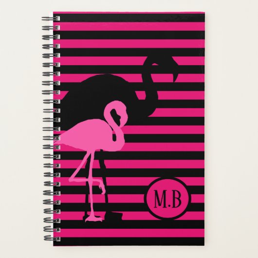 Cooles Flamingo Schwarz/Rosa Streifen Monogramm Planer (Vorderseite)