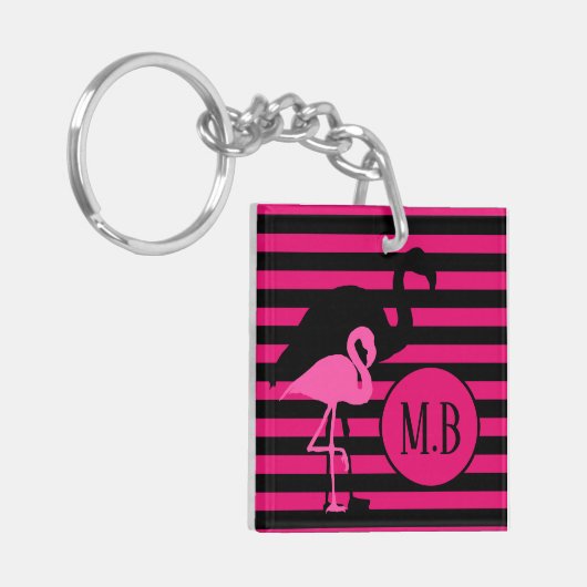 Cooles Flamingo Schwarz/Rosa Streifen Monogramm Schlüsselanhänger (Vorderseite links)