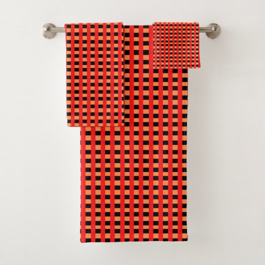 Cooles Gingham Orange-, Rot- und Schwarz-Muster Badhandtuch Set (Insitu)