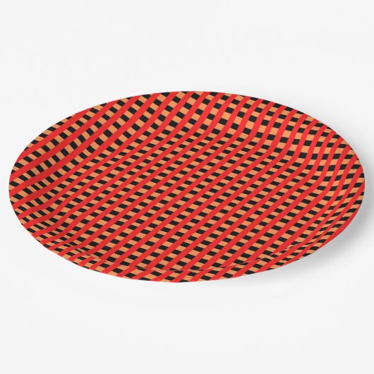 Cooles Gingham Orange-, Rot- und Schwarz-Muster Pappteller (Schrägansicht)