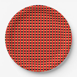 Cooles Gingham Orange-, Rot- und Schwarz-Muster Pappteller