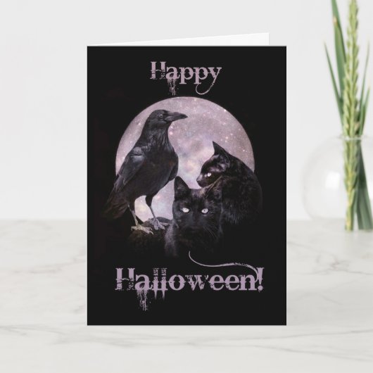 Cooles Gothic Raven and Black Cat Halloween Karte (Vorderseite)