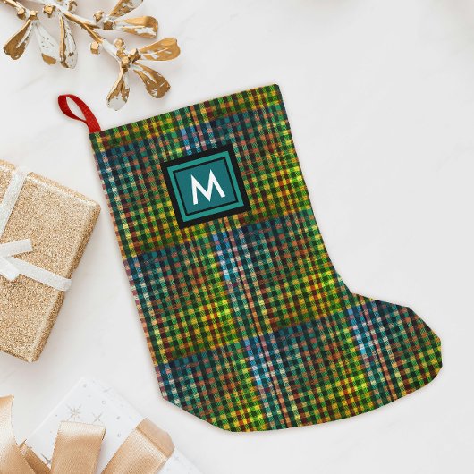 Cooles Green Tartan Gingham Pattern Black Monogram Kleiner Weihnachtsstrumpf
