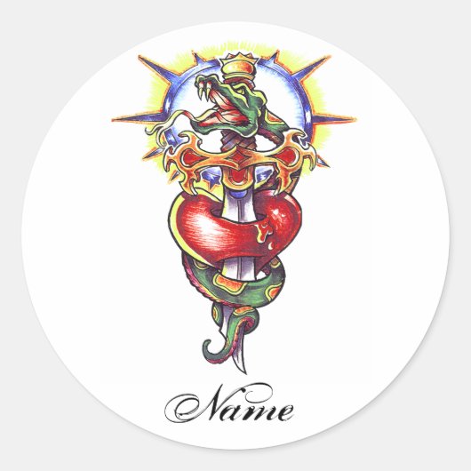 Cooles Herzschwert und Schlangentätowierung Runder Aufkleber (Vorderseite)
