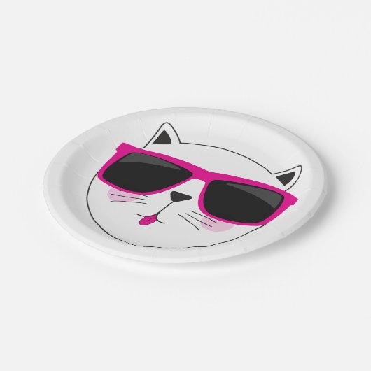 Cooles Katzengesicht mit rosa Sonnenbrille Niedlic Pappteller (Schrägansicht)