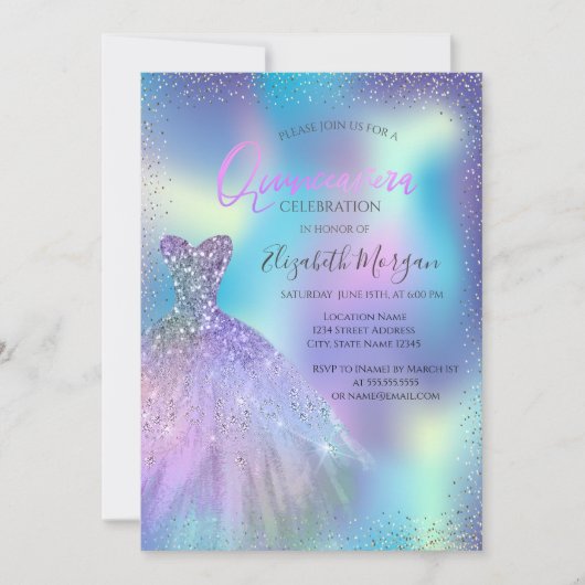 Cooles Kleid, Confetti Holographic Quinceañera Einladung (Vorderseite)