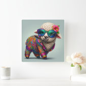 Cooles Lamm in einem farbenfrohen Anzug Quadratische Wanduhr (Zuhause)