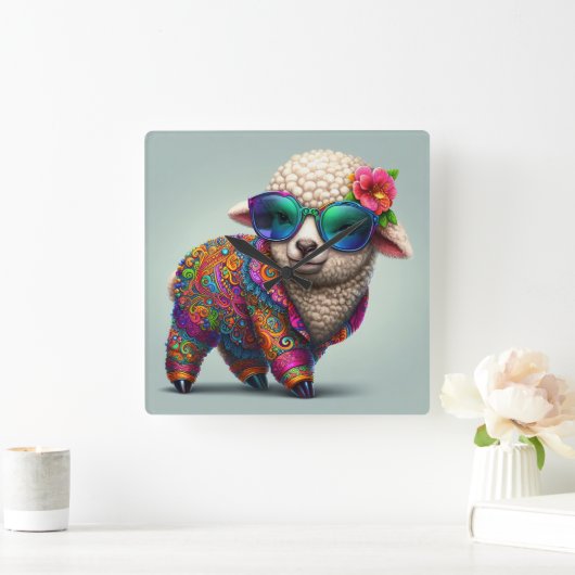 Cooles Lamm in einem farbenfrohen Anzug Quadratische Wanduhr (Zuhause)