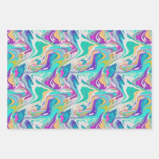 Cooles Lila blaues, weißes Marmor Paint Mix Muster Geschenkpapier Set (Vorderseite)