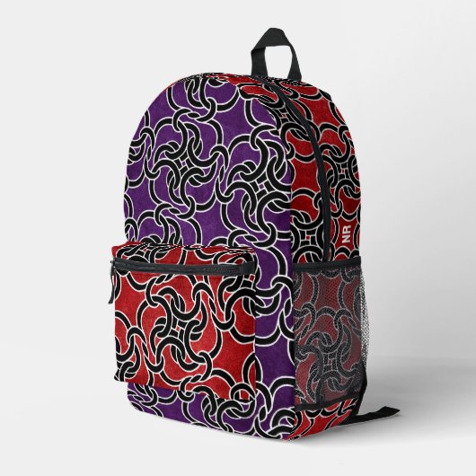 Cooles Lila Schwarzes Knot Modernes Monogramm Bedruckter Rucksack (Rückseitige Ecke Rechts)