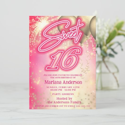 Cooles, lustig heißrosa Goldballon Funkfeuer Einladung (Stehend Vorderseite)